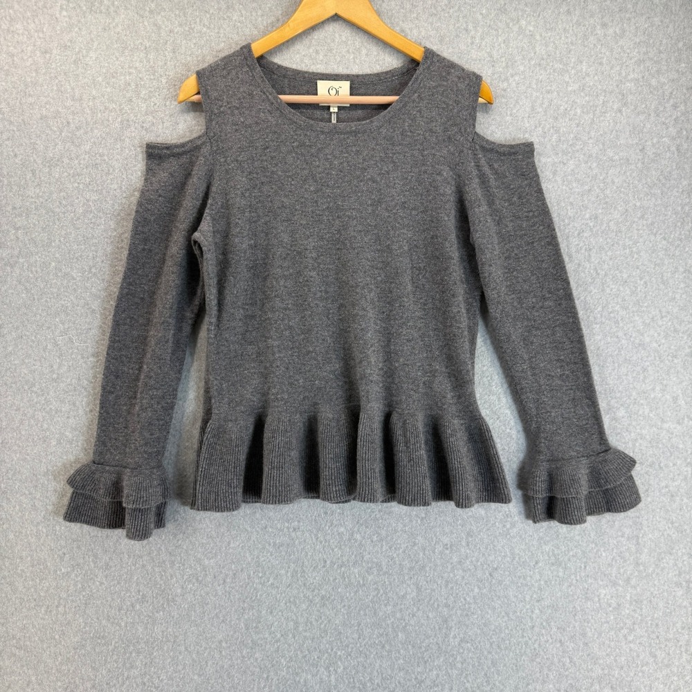Qi Cashmere Cold Shoulder Ruffle Cuff Peplum Sweater Pullover Gray‎ Size Large